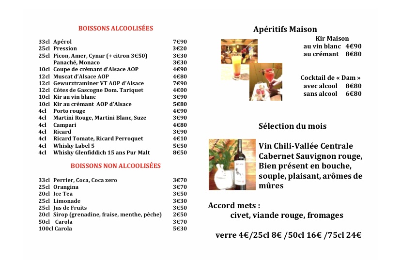 Exemple de suggestions du jour Restaurant Le Vinci Octobre 2020