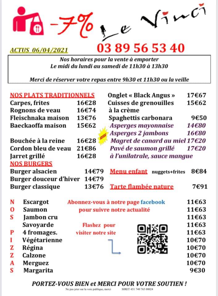 Plats du jour et carte à emporter semaine 16. Restaurant Le Vinci 68 Sausheim 18 04 2021