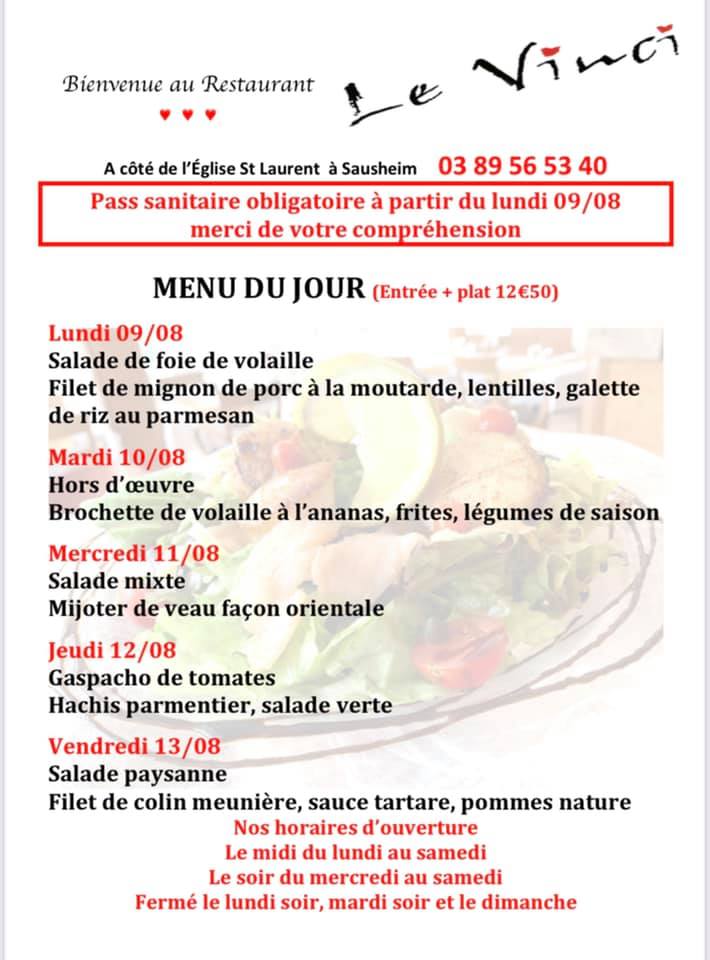 Menus du jour et carte semaine 32 - Restaurant Le Vinci à 68 Sausheim