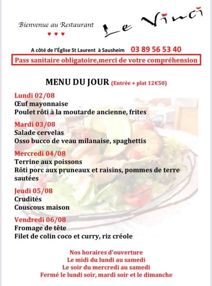 Menus du jour et carte semaine 31 - Restaurant Le Vinci à 68 Sausheim