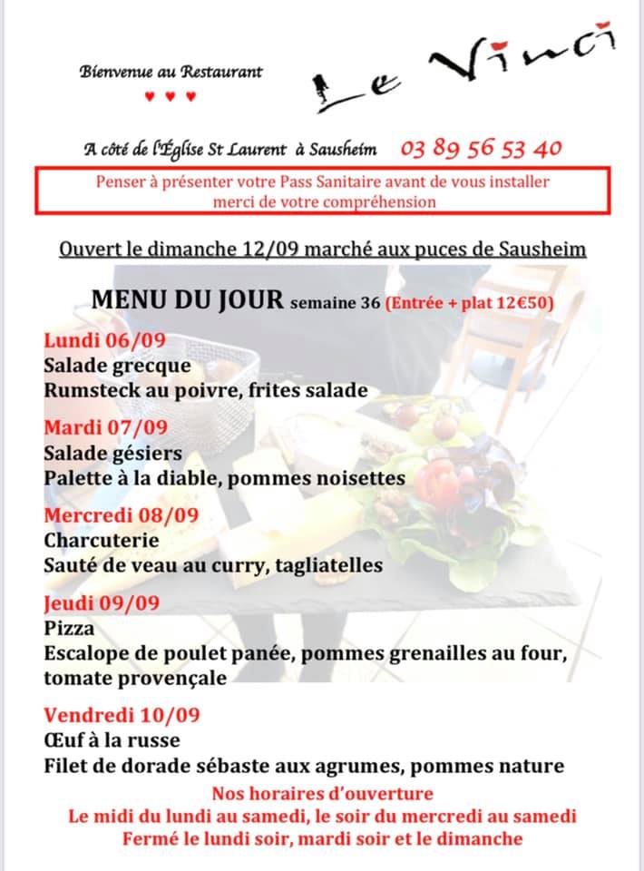 Menus du jour et carte semaine 36 - Restaurant Le Vinci à 68 Sausheim
