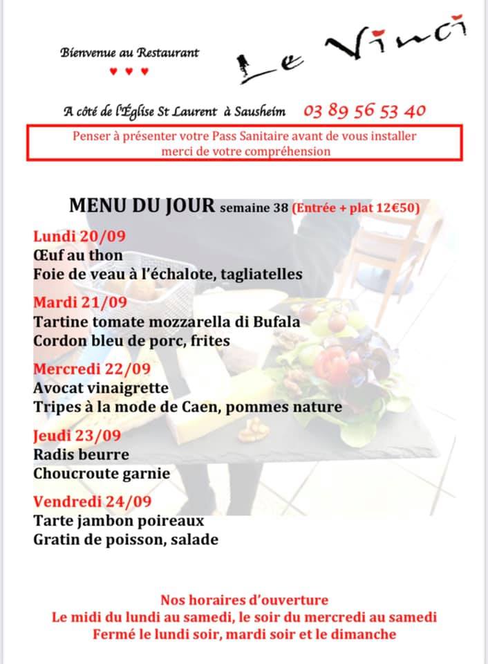 Menus du jour et carte semaine 38 - Restaurant Le Vinci à 68 Sausheim