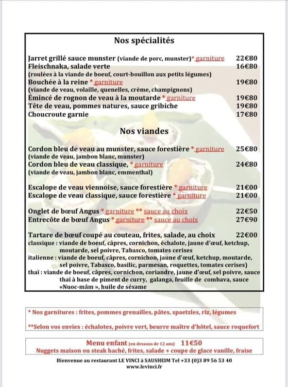 2024 Semaine 03 Restaurant Le Vinci 68 Sausheim nouvelle carte 2024 -Nos spécialités